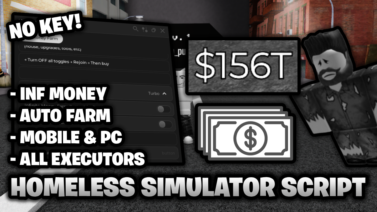 💵 Homeless Simulator Script *NO KEY* 🔑 – Infinite Money, Auto Farm & More! (Mobile & PC)
